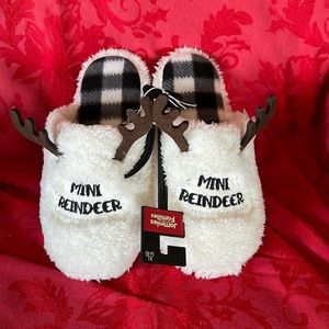 Slip on Mini Reindeer plaid sherpa fleece antler slippers size XL  4-5